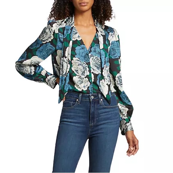 New Paige x Anthropologie Cleobelle Scarf Lg Blue Black Floral Silky Buttondown - Picture 10 of 14